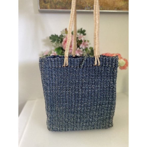 Kenneth Cole Reaction Powder Blue Abaca Straw Logo Shoulder Handbag Vintage EUC - Picture 4 of 16